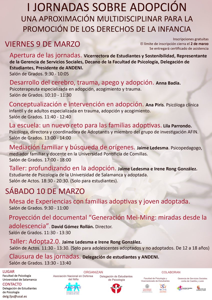 #IJornadasAdopcion | Los días 9 y 10 de marzo, varias profesionales vendrán a hablarnos sobre cómo trabajan en el ámbito de la adopción. Toda la información aquí: bit.ly/2C9kltU
