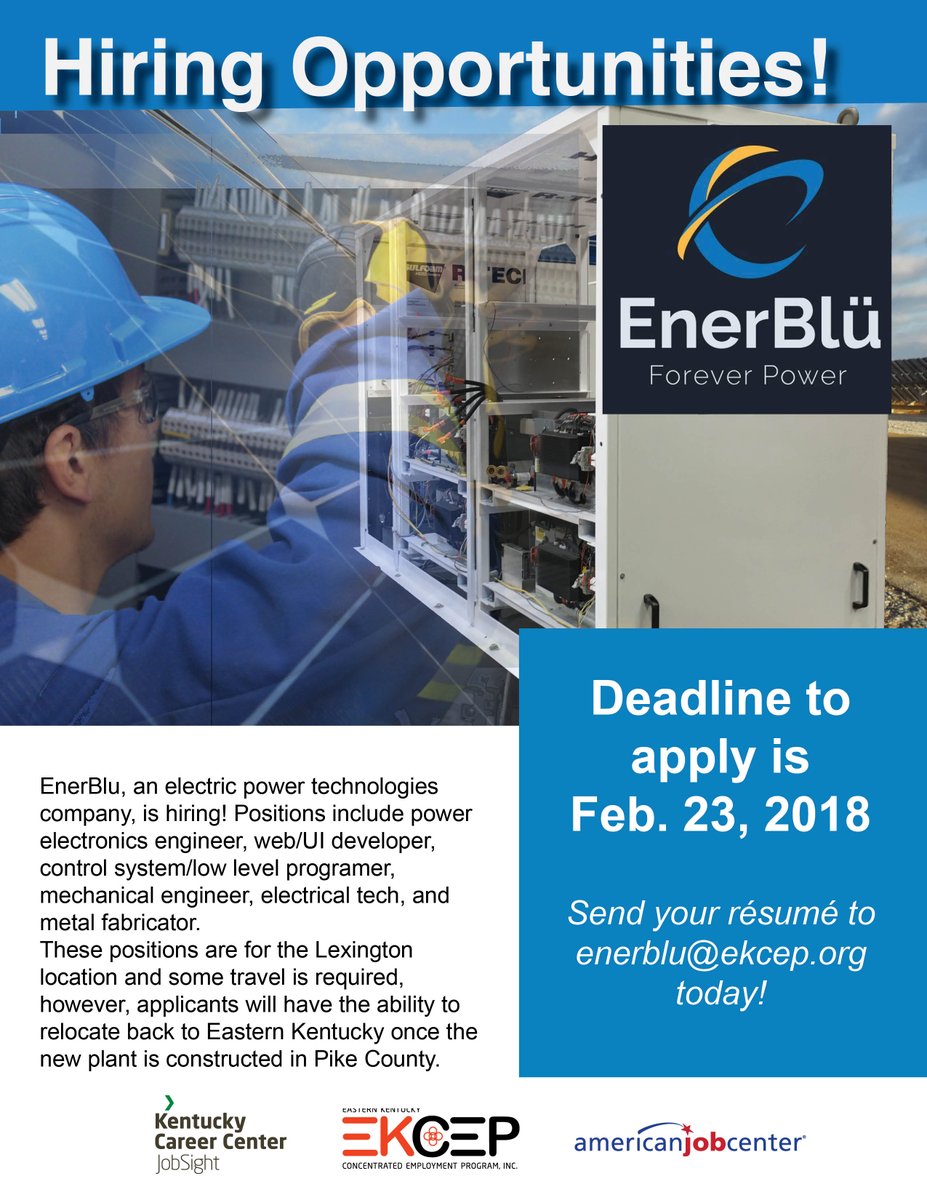 EnerBlu is hiring for the Lexington, Ky., area. While these positions will require travel or temporary relocation from E. Ky., applicants will have the opportunity to relocate back to the region once the company's new plant is opened in Pike County.