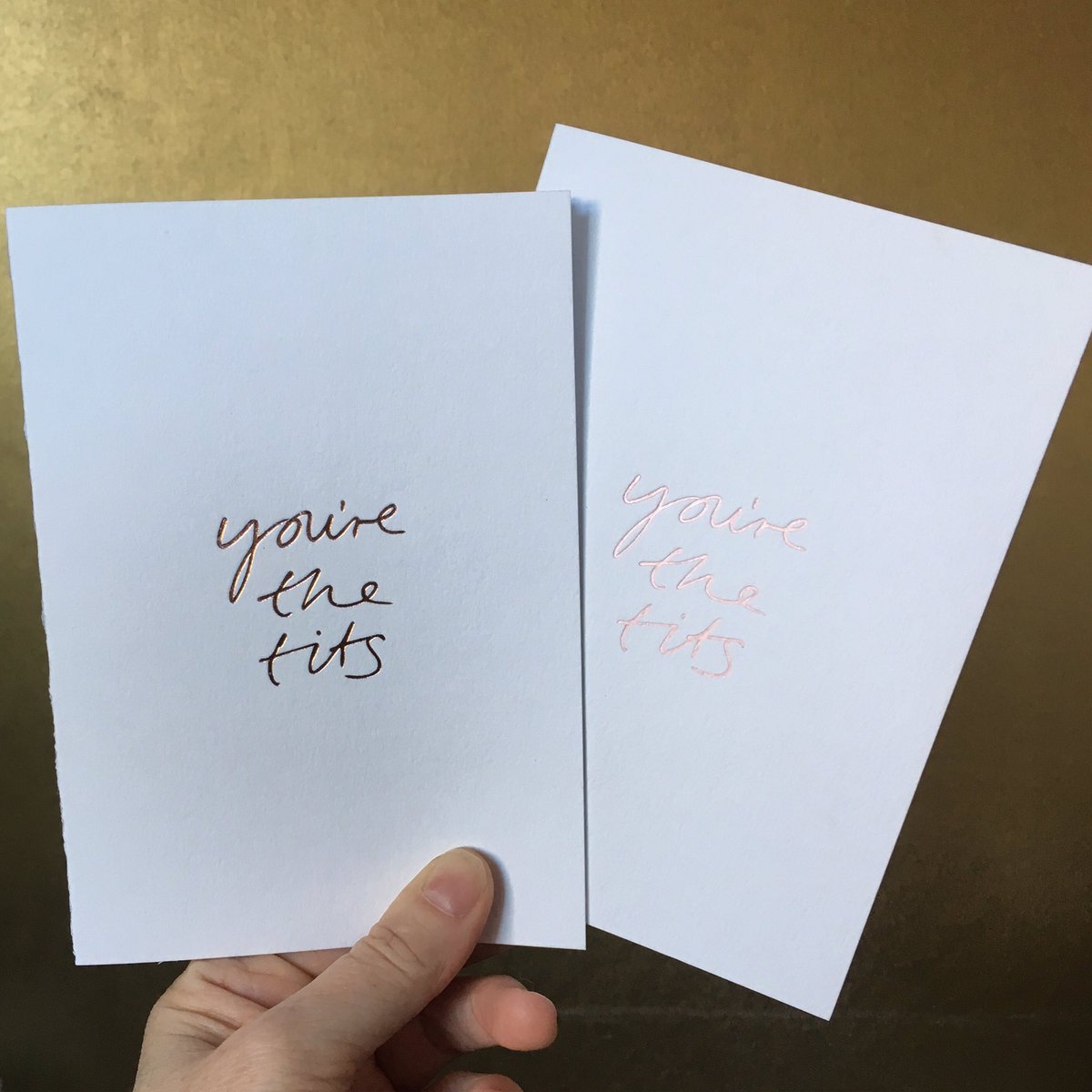 textfr0mafriend's tweet photo. Are you a rose gold die hard fan or fancy a pale pink for a change? Sending some of these out today to those who are definitely the tits
 ( . )( . ) Not online yet but if you want one let me know ❤️ #textfromafriend #foilco #fedrigoni #metallicelephant https://t.co/pSBV4FQHmZ