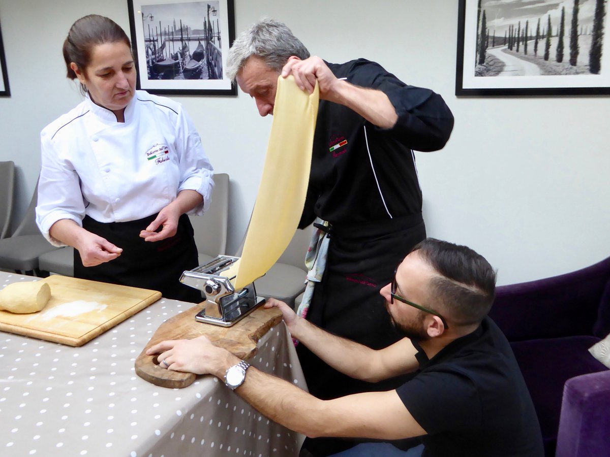 travellovinfam's tweet photo. Shop bought 'fresh' pasta will never be the same again! Thanks @BookingsForYou #BFYmasterclass #bfyxcountryrelais You look hard at work @havekidscantrav Laura and Cameron! https://t.co/tw2DyMNQ8k