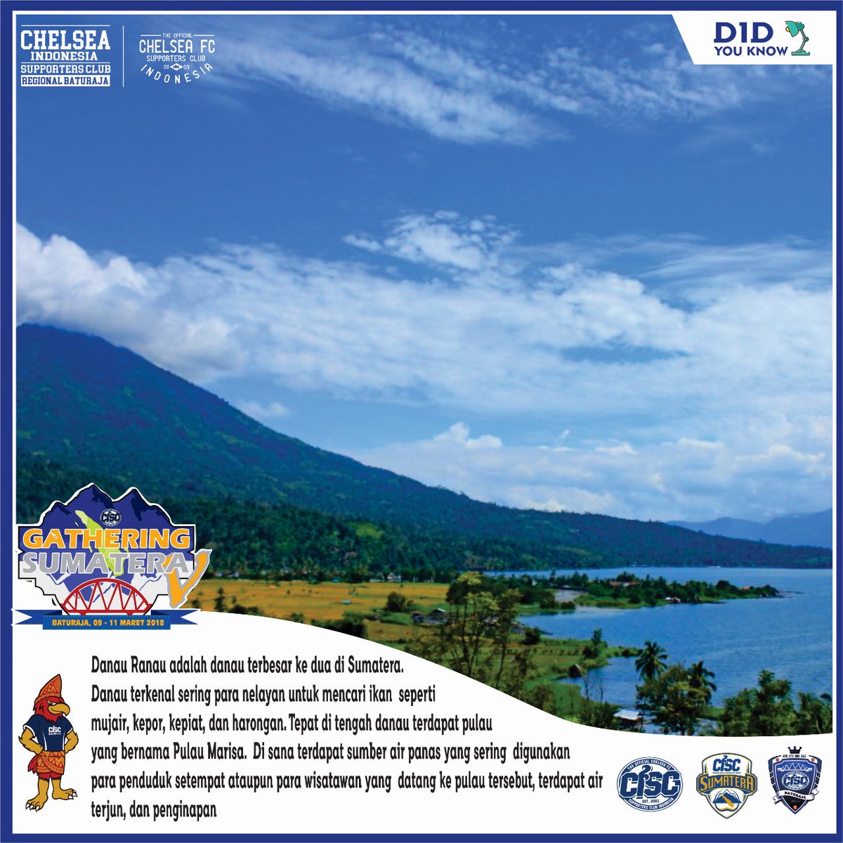 Danau Ranau Is Wonderful
*Woiii Gathsum5CISC Woiii !
Udah pada daftar belum? gelombang keduanya bentar lagi tutup y
Diem Diem Bae 🤔

*Catt.Pelaksanaannya*

*Tanggal 9, 10 dan 11 Maret 2018

*Lokasi Gathsum5CISC 
Villa Pusri DanauRanau OKUS Baturaja
<a href="/CISCsumatera/">CISC SUMATERA</a>  
<a href="/chelseaindo/">@chelseaindo</a>
