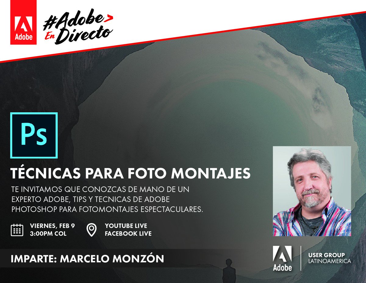 nivelPROCo's tweet photo. ¡HOY! #AdobeEnDirecto con el gran Marcelo Monzón, nos contará sobre #Fotomontajes en #AdobePhotoshop no se lo pierdan. Si no se han registrado los links los encuentras acá abajo 👇
Registro 👉 https://t.co/q5VhS2FCyL
Canal de 👉 Youtube https://t.co/Dmn7gr8pxb https://t.co/UxVAHrYjDe