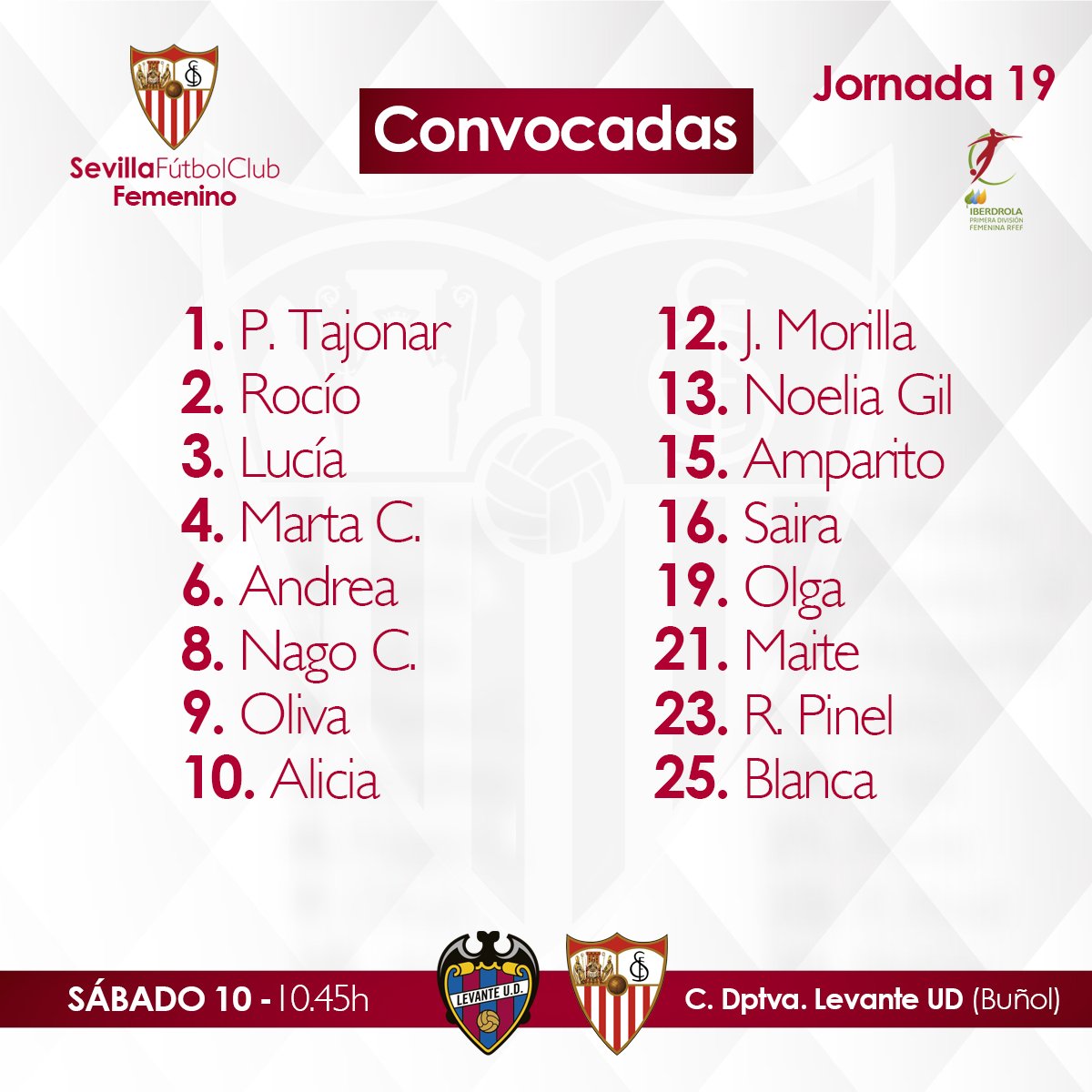 SevillaFC_Fem's tweet photo. CONVOCADAS | @martac4g, principal novedad en la expedición que viaja a Valencia 👏👏⚪️🔴⚽️

#LigaIberdrola #SevillaFCFem https://t.co/t6qKPZnBGM