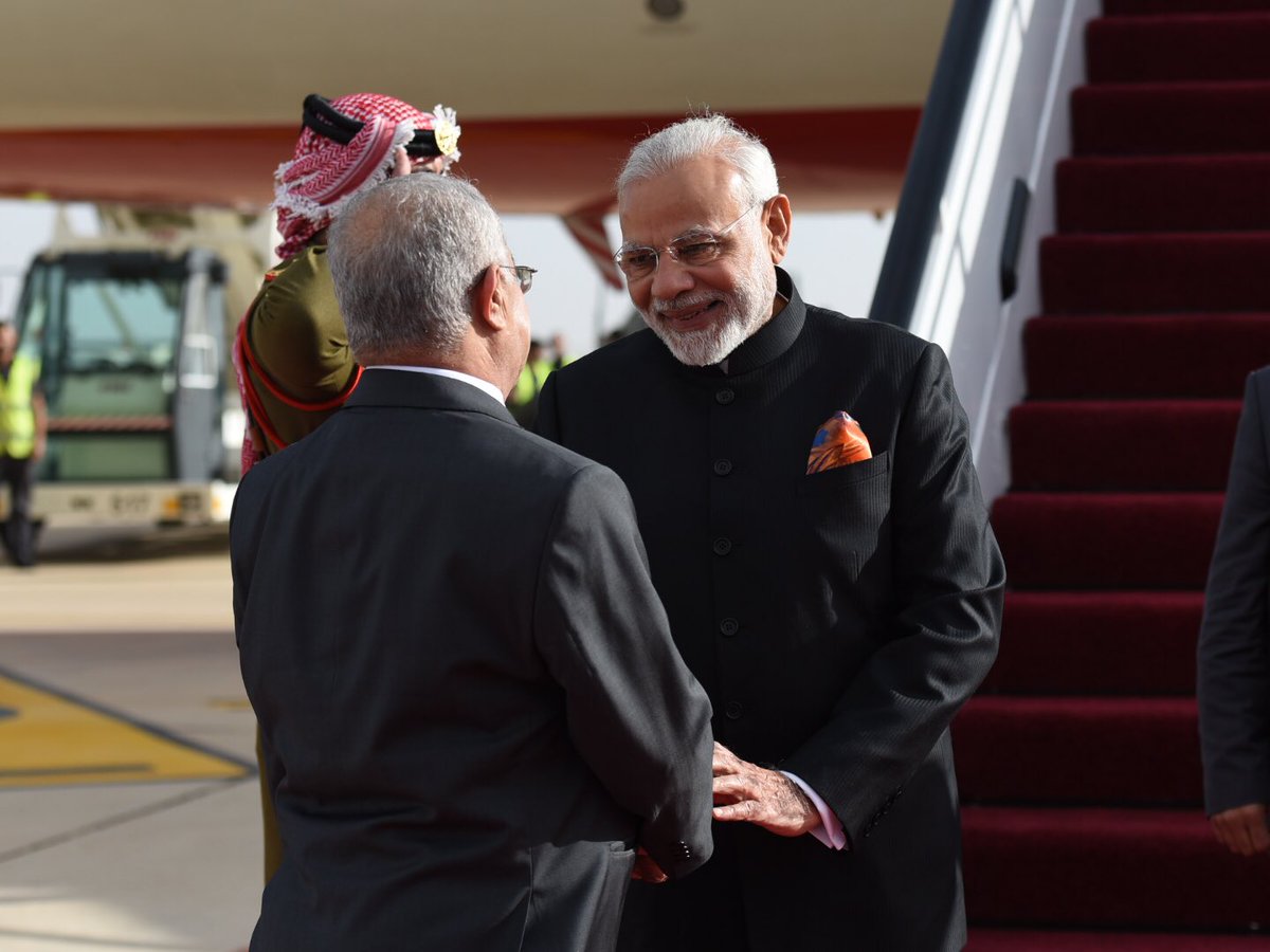 PMOIndia's tweet photo. Landed in Amman. I thank His Majesty King Abdullah II of Jordan for facilitating the transit: PM @narendramodi https://t.co/padkgjKAR9