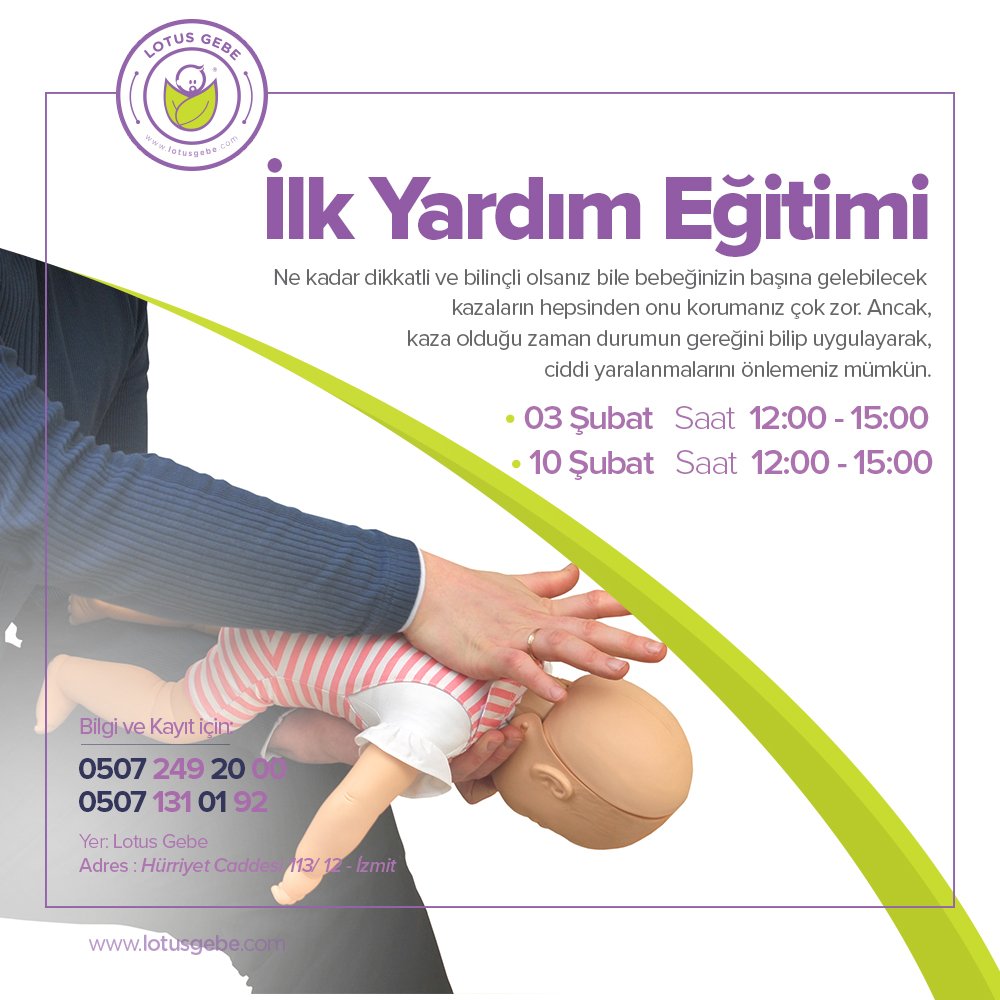 drincicavusoglu's tweet photo. İlk Yardım Eğitimi
Ne kadar dikkatli ve bilinçli olsanız bile bebeğinizin başına gelebilecek 
kazaların hepsinden onu korumanız çok zor. Ancak,
kaza olduğu zaman durumun gereğini bilip uygulayarak,
ciddi yaralanmalarını önlemeniz mümkün.
#lotusgebe #ilkyardım #annebebekmerkezi https://t.co/pyO0pvPfJs