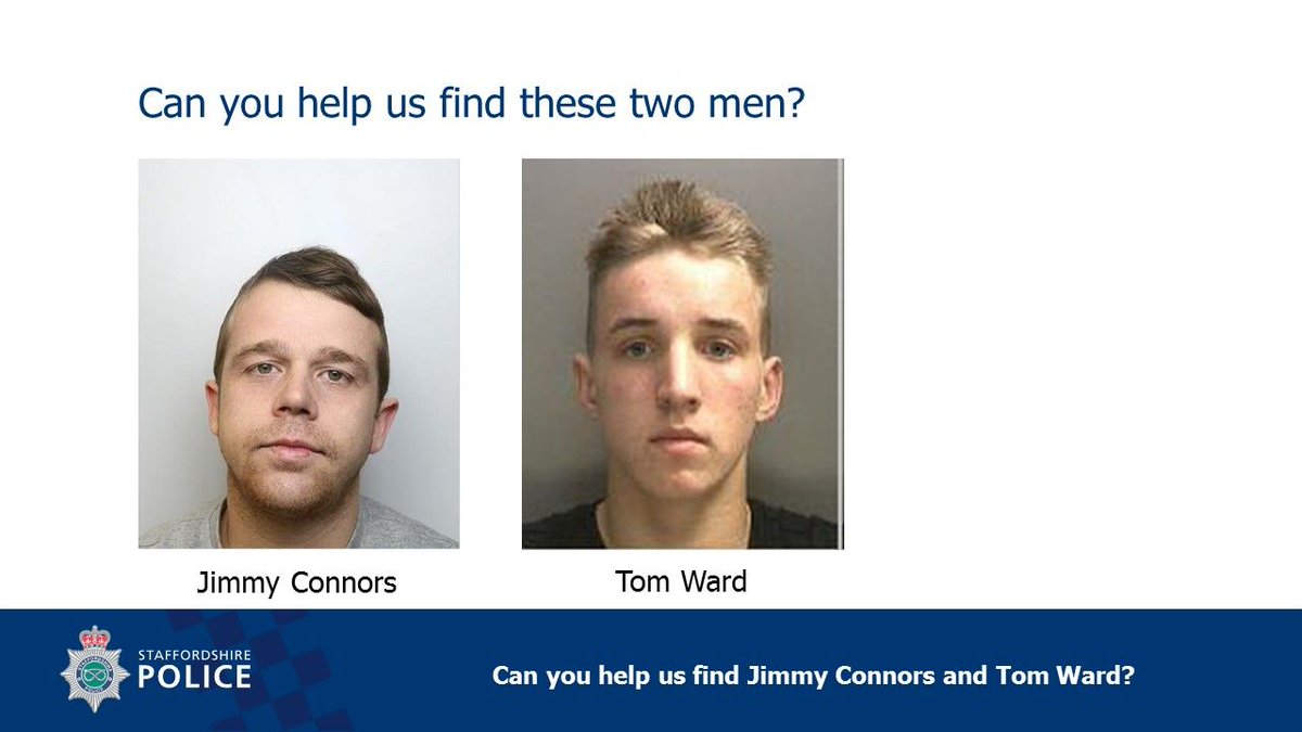 StaffsPolice's tweet image. WANTED: Can you help us find these two men? They are wanted in connection with the murder of 87-year-old Arthur Gumbley. If you know where Jimmy Connors or Tom Ward are, please call 101, or 999 in an emergency. You could be eligible for a £10,000 reward. socsi.in/fVWpx