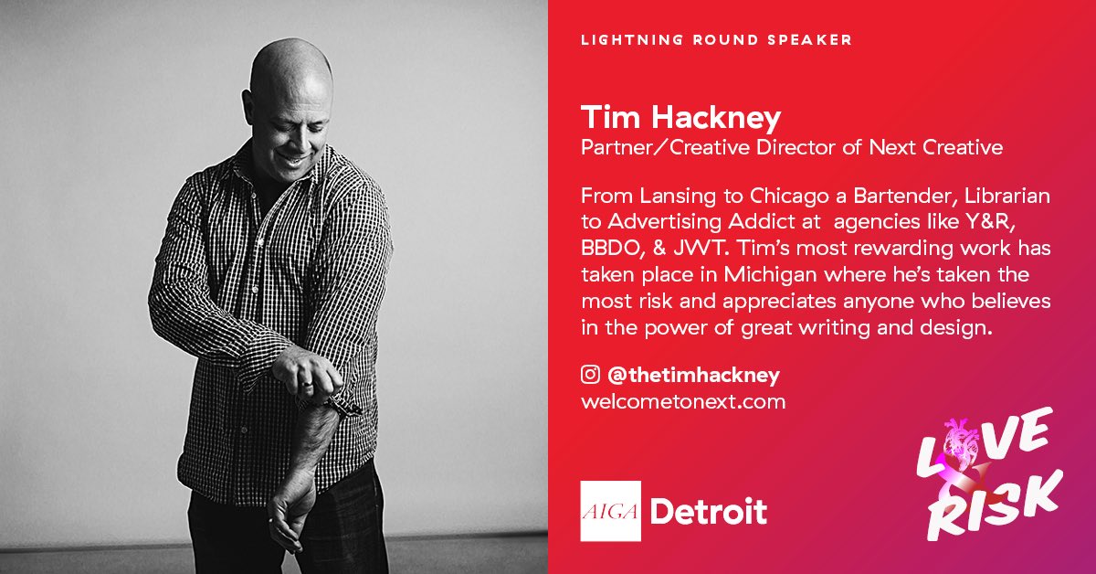 ⚡️Lightning Round Speaker⚡️
<a href="/thetimhackney/">Tim Hackney</a> appreciates anyone who believes in the power of great #writing &amp; #design
.
Hear his stories about taking risks at #LoveAndRisk on Feb 17
.
#aigadetroit #aigadetroitlove #detroit #startup #poets #advertising #authors #storytellers
