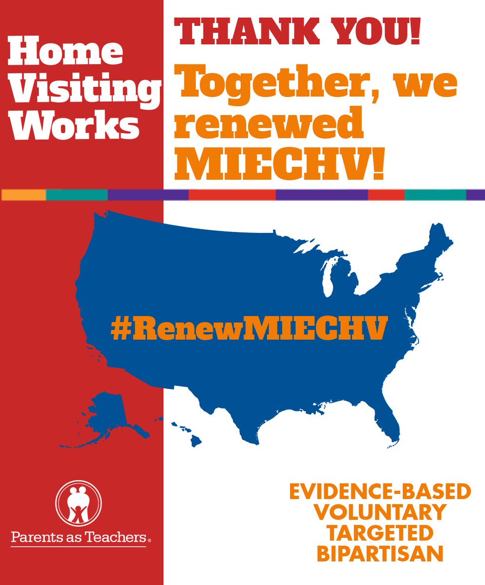 THANK YOU 2 EVERYONE (parents, parent educators, advocates, colleagues, partners, &amp; the members of #Congress) who helped #RenewMIECHV. This action by #Congress provides the stability we need to continue making an impact in the lives of children &amp; families. #HomeVisitingWorks