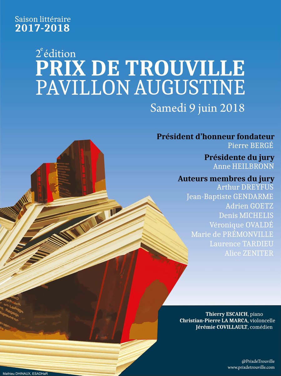 PrixdeTrouville's tweet photo. Heureux de présenter l'affiche de la 2e édition du prix littéraire de Trouville - Pavillon Augustine. Le lauréat du concours organisé en partenariat avec l'@esadhar_ est Mathieu Dhinaux. Félicitations au jeune talent ! https://t.co/dfHsX5fX7O