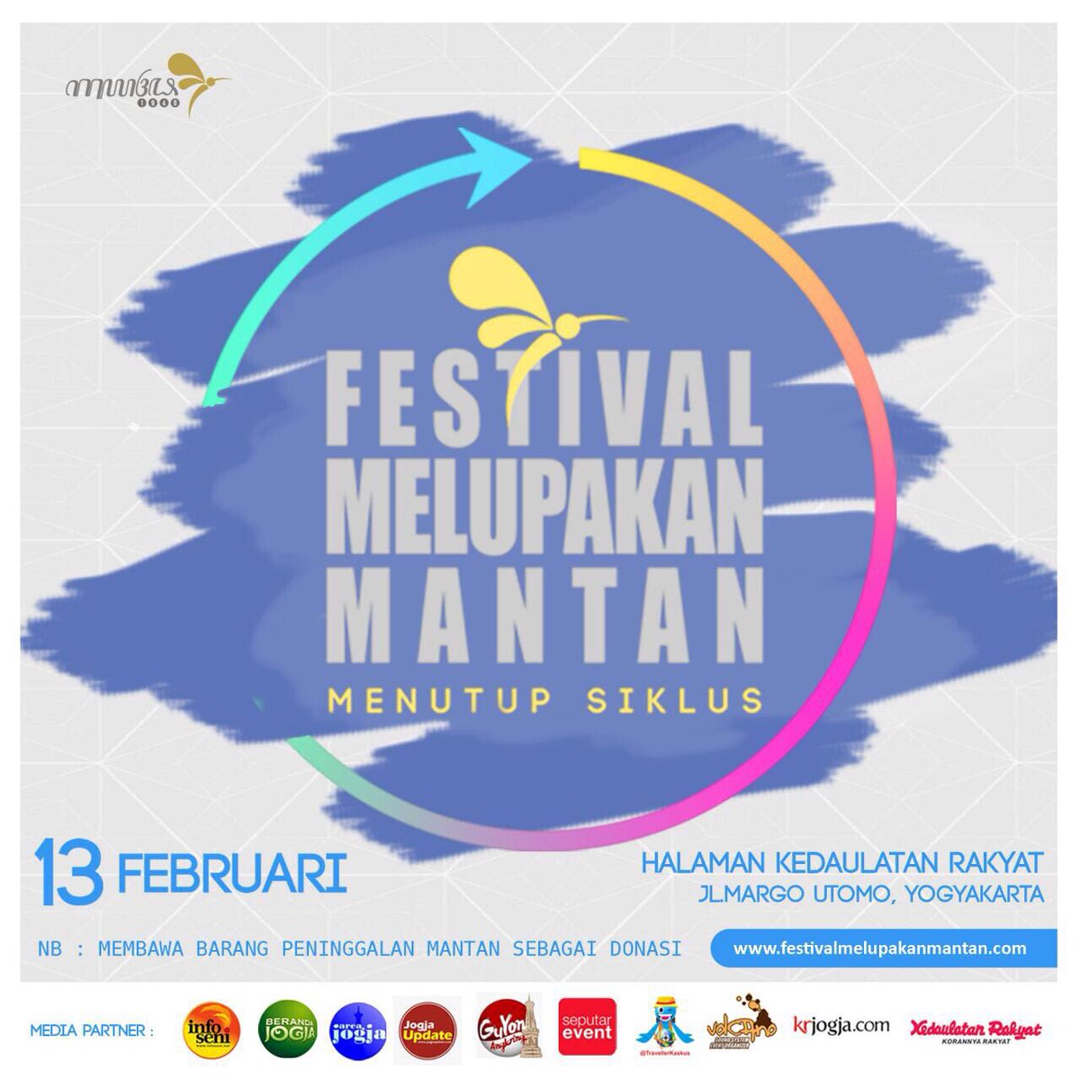 Seperti tahun sebelumnya, gelaran ini akan berlangsung pada tanggal 13 Februari 2018 mulai pukul 18:30 di Halaman Kantor <a href="/KRjogjadotcom/">Kedaulatan Rakyat</a>

#FestivalMelupakanMantan