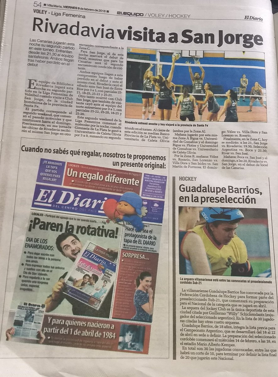 JockeyVM's tweet photo. Medios - Hockey
El Diario del Centro del País , edición 9 de febrero.
Agradecemos a @ElDiarioCba por la publicación de la citación de Guadalupe Barrios, a la Preselección  del seleccionado cordobés para el Campeonato Argentino Sub 21. https://t.co/0DQBDNgNoF