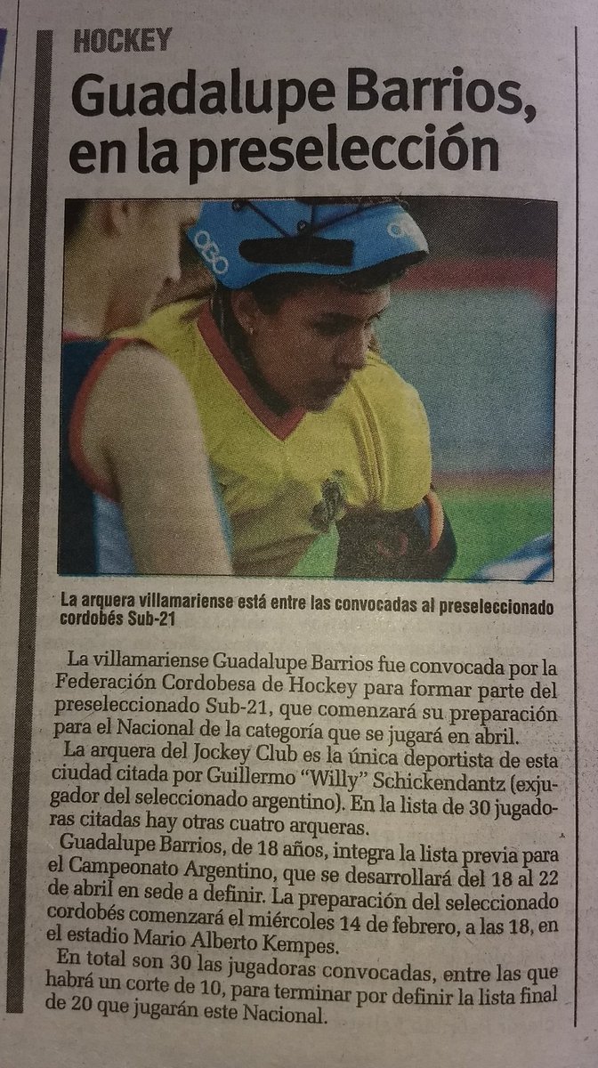 JockeyVM's tweet photo. Medios - Hockey
El Diario del Centro del País , edición 9 de febrero.
Agradecemos a @ElDiarioCba por la publicación de la citación de Guadalupe Barrios, a la Preselección  del seleccionado cordobés para el Campeonato Argentino Sub 21. https://t.co/0DQBDNgNoF