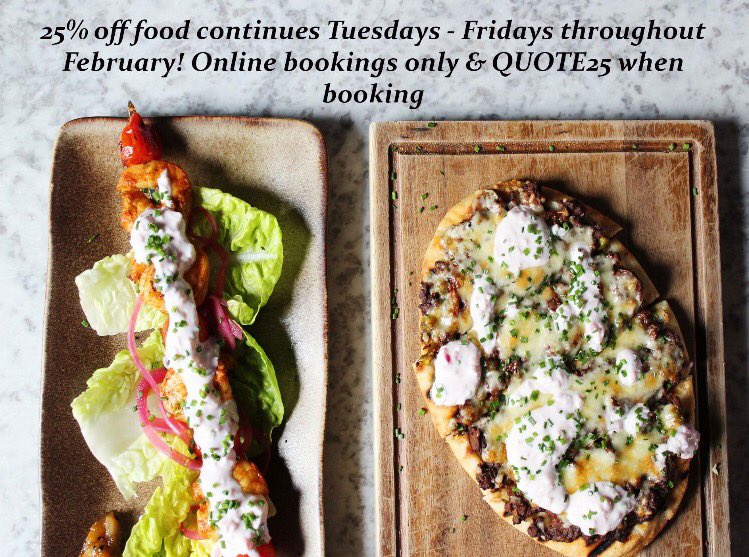That Friday feeling is here! And what better way to celebrate than receiving 25% off your food order with us! Book online and QUOTE25 to receive our February discount Tuesday - Friday!* PLUS 4-7pm today is our #happyhour with 2-4-£10 on cocktails! #FridayFeeling #cocktails #Food