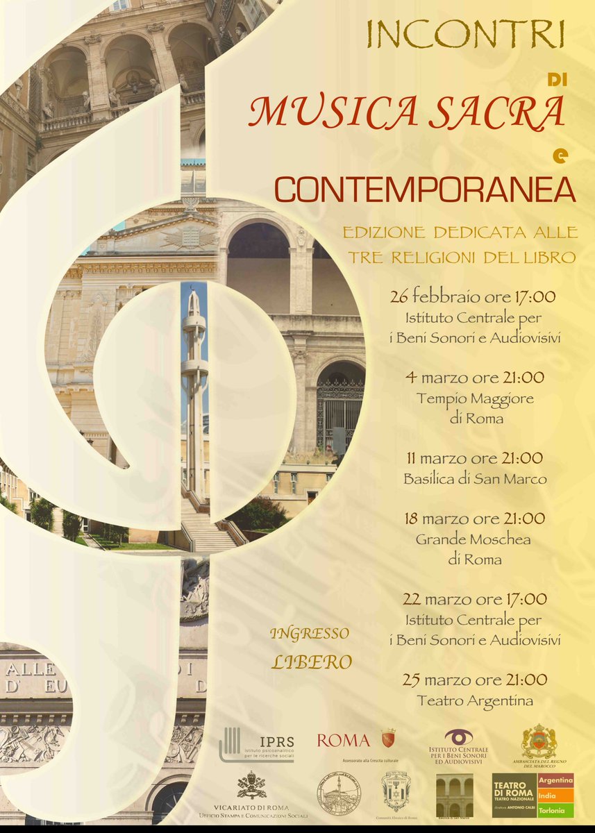 IPRS1987's tweet photo. 26/02- 5/03 Incontri di Musica Sacra e Contemporanea: 4 concerti che attingono alle tradizioni musicali #cattolica, #ebraica, #islamica e #secolare. @iprs, #icbsa, @romaebraica , #CentroIslamicoItalia, @Amb_Marocco, @teatrodiroma, #VicariatodiRoma. https://t.co/MTFiEB27eA https://t.co/iVJukyiBnY