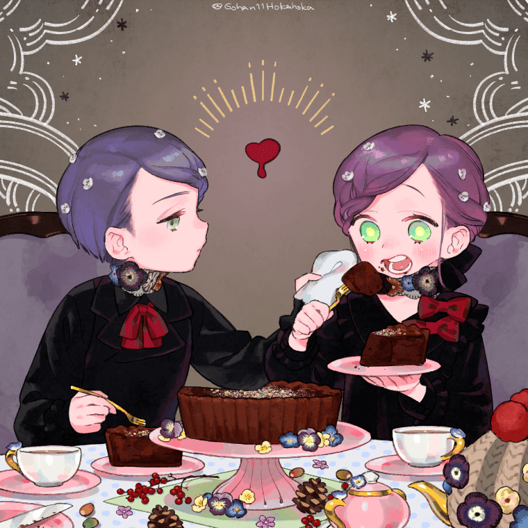 「(リクエスト:おいしそうに食べてるオリキャラ)
焼きチョコタルトと次男次女
#皿」|皿のイラスト