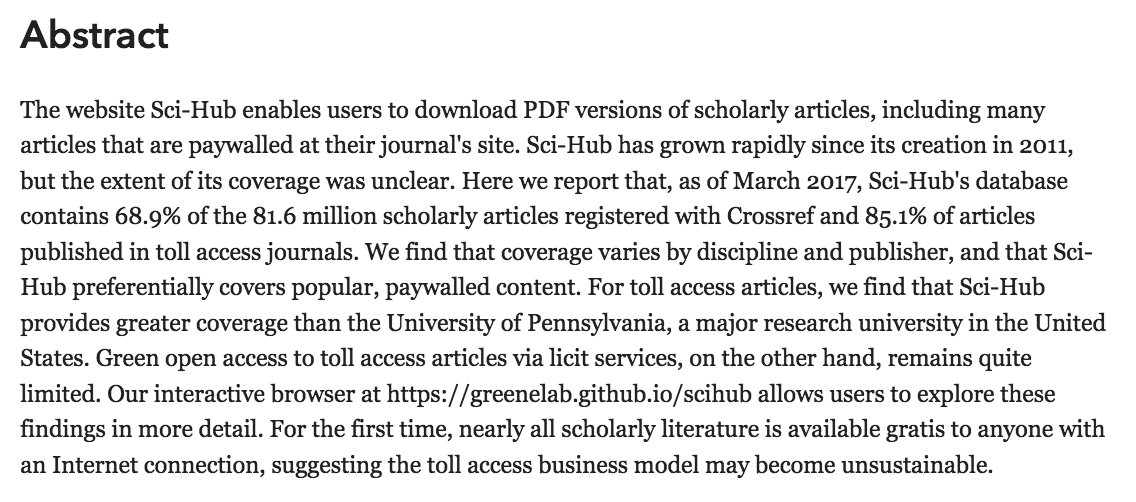 Daniel Himmelstein (@dhimmel) on Twitter photo The accepted manuscript of the <a href="/Sci_Hub/">Sci Hub</a> Coverage Study published in <a href="/eLife/">eLife - the journal</a> (typeset version in the next few weeks) doi.org/10.7554/eLife.…
Thanks <a href="/arielswn/">Ariel Rodriguez Romero</a>, Levernier, Munro, <a href="/SteveMcLaugh/">Steve McLaughlin🌾💾</a>, @gedankenstuecke, and <a href="/GreeneScientist/">Casey Greene</a> for your contributions! The accepted manuscript of the <a href="/Sci_Hub/">Sci Hub</a> Coverage Study published in <a href="/eLife/">eLife - the journal</a> (typeset version in the next few weeks) doi.org/10.7554/eLife.…
Thanks <a href="/arielswn/">Ariel Rodriguez Romero</a>, Levernier, Munro, <a href="/SteveMcLaugh/">Steve McLaughlin🌾💾</a>, @gedankenstuecke, and <a href="/GreeneScientist/">Casey Greene</a> for your contributions!