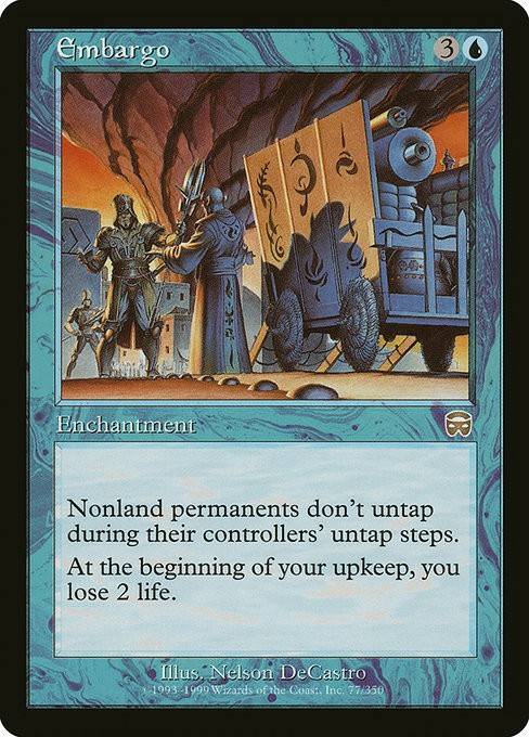 Looking for a good budget stax card for your commander games? Why not try  Embargo? The life loss is negligible and it also hits mana rocks! #MTG #EDH  #commander #stax