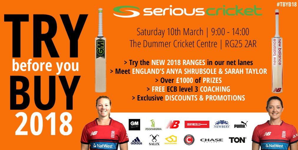 Try Before You Buy 2018 with <a href="/englandcricket/">England Cricket</a>'s <a href="/Anya_shrubsole/">Anya Shrubsole</a> &amp; <a href="/Sarah_Taylor30/">Sarah Taylor</a>!
Join us on the 10th March and try out all the NEW 2018 ranges in our net lanes with exclusive discounts on the day!
Find out more &amp; register now – bit.ly/TryBeforeYouBu…
#TBYB18