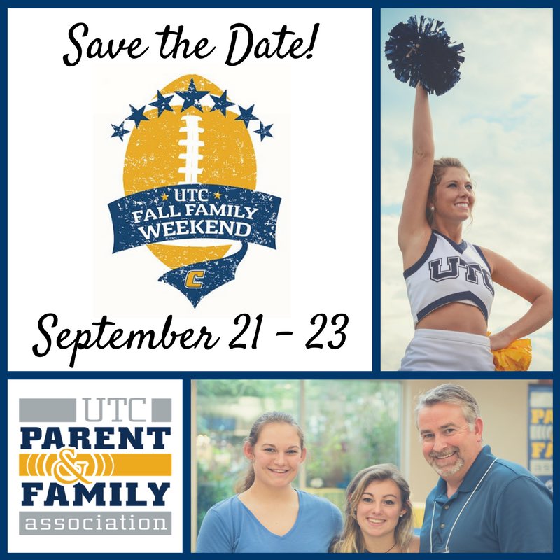 utcparents's tweet photo. Mark your calendars! Fall Family Weekend 2018 is scheduled for September 21-23, 2018.
#FFW18 is a great time to visit your student, explore Chattanooga, & learn about what’s new on campus. Plus, you’ll get a chance to see @GoMocsFB take on Samford.
#SaveTheDate #UTCParents https://t.co/0BE5p5vhtw