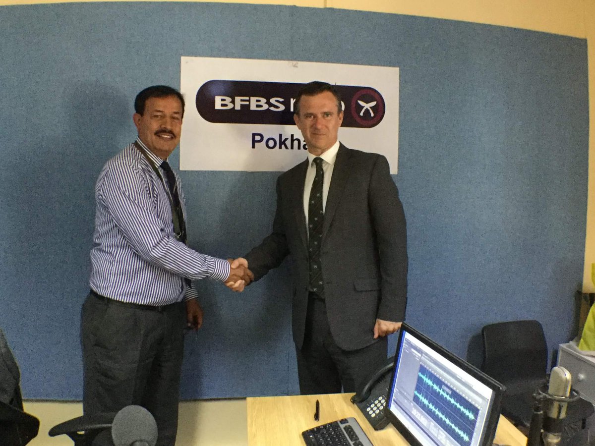 Gurkha_Brigade's tweet photo. Minister Armed Forces Mark Lancaster TD MP seen here with Binod in the BFBS office in Pokhara after the earlier attestation parade for 270 new Gurkha soldiers joining the British Army. #marklancaster #Minister #MP #gurkhas @BFBSGurkha @BritishArmy https://t.co/8Bu9cDQlBd