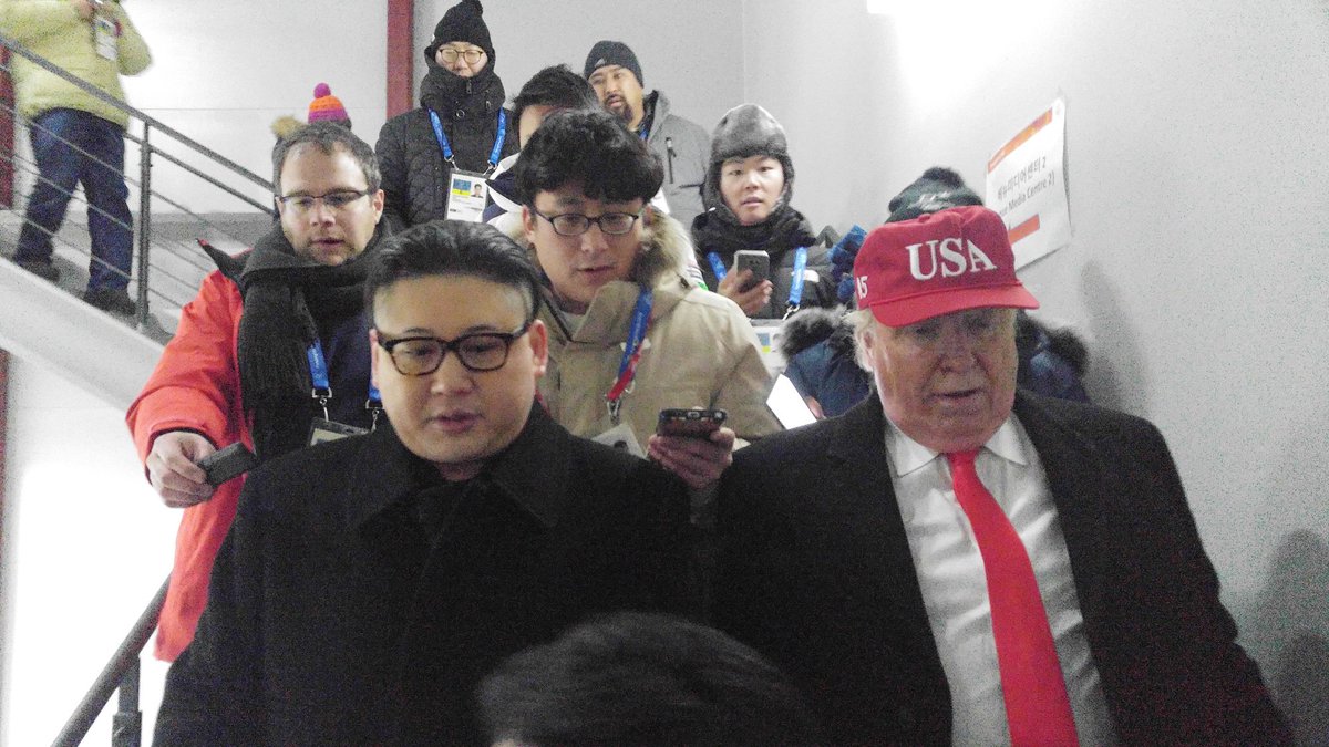 Reuters's tweet photo. 'Trump' and 'Kim' thrown out of #PyeongChang2018 Opening Ceremony https://t.co/pij5uqAfm1 https://t.co/RTjDS4FWmY