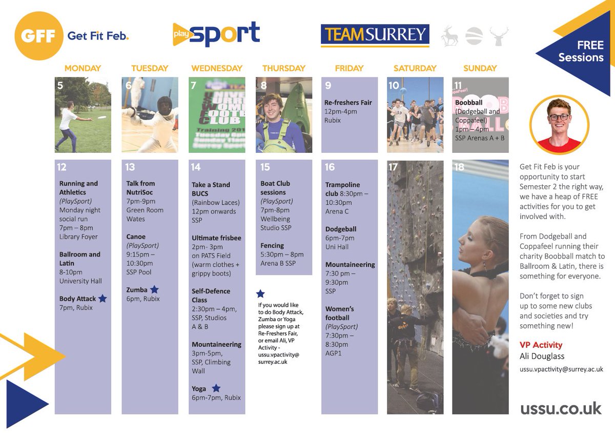 SurreyUnion's tweet photo. #GetFitFeb is officially in full swing and Monday is full to the brim of free sessions for you to get involved with!
(Don't forget to sign up to Body Attack in advance though) https://t.co/2aSRoyu5D5