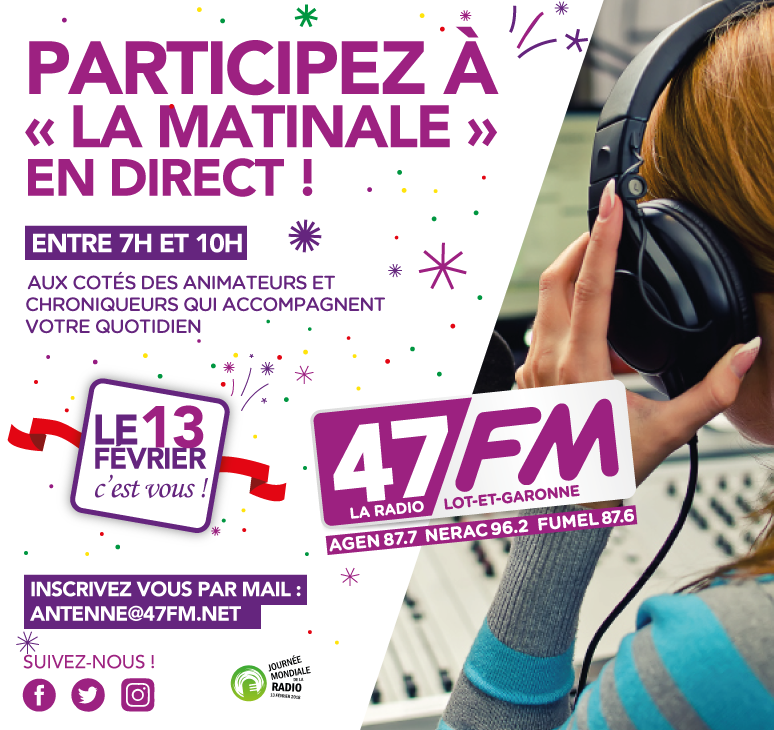 47FM's tweet photo. A mardi ! #JournéeMondialedelaradio #Unesco Cc @villeagen @TourismeFumel @FumelValleeLot @Nerac47 @Mediameeting_ @47FM #LotEtGaronne #Radio @UNESCO https://t.co/gDIzCPSr8j