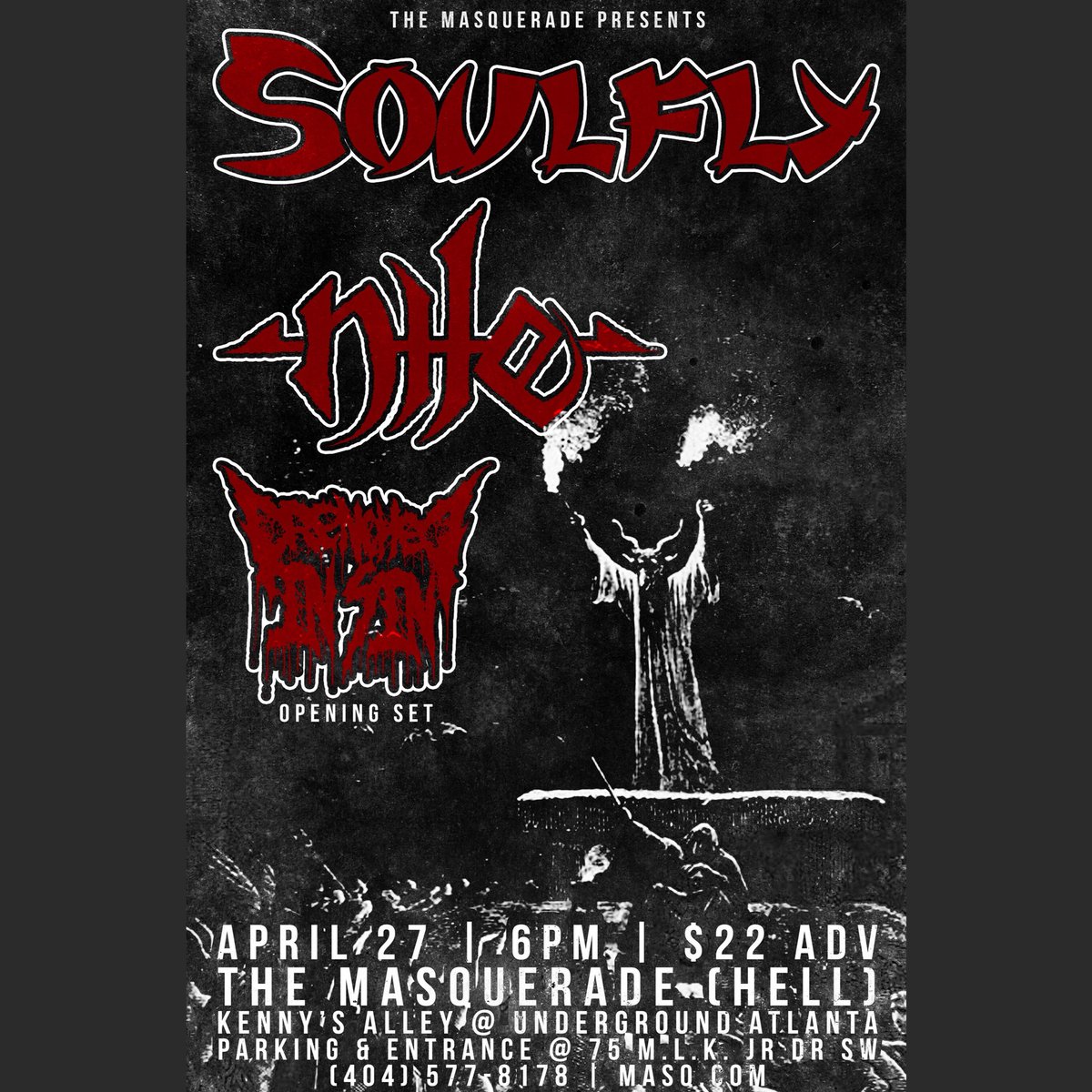 Drenched_In_Sin's tweet photo. Can’t wait to hit the stage with @TheSoulflyTribe &amp; @nilecatacombs 4/27/18 Hell stage @masquerade_atl ! Hit us for tickets! Thanks @PBgraphicsNY https://t.co/BOW7KmFXTR