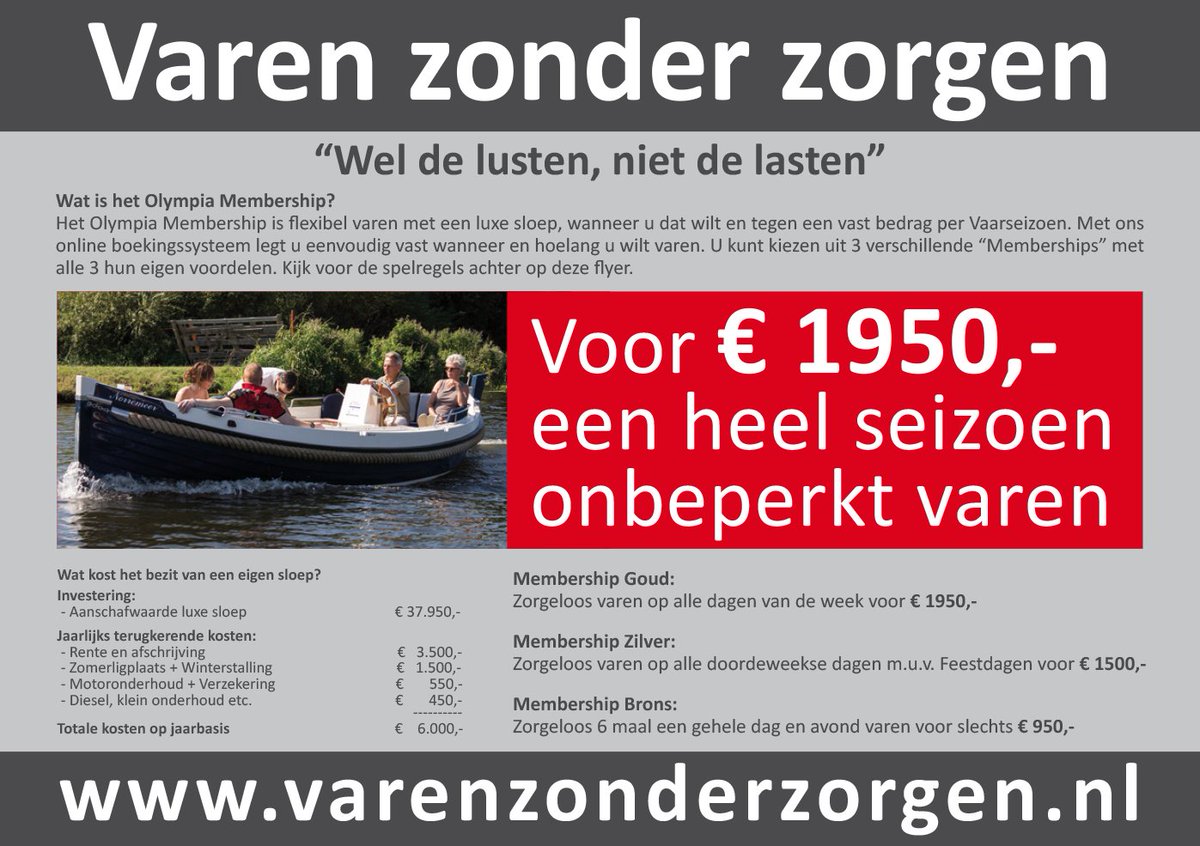 Wilt u komend seizoen wat vaker het water op maar geen zin in een eigen sloep. Check dan ons varenzonderzorgen.nl concept