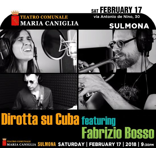 #TeatroMariaCaniglia #Sulmona
DIROTTA SU CUBA feat. FABRIZIO BOSSO
→youtube.com/watch?v=A-trIC…
* <a href="/BossoFabrizio/">fabrizio bosso</a>
→youtube.com/watch?v=caSn8B…
* <a href="/DSC_official/">Dirotta su cuba</a> 
→youtube.com/watch?v=VGrQYk…
Sat|fEBRAURY17 |9:30pm
* tickets:
→ciaotickets.com/evento/dirotta…