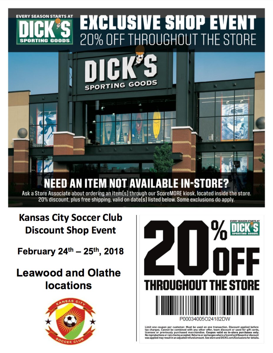 KCSC14's tweet image. Need to gear up for spring? Dick’s has got you covered. Bring this coupon into the store for 20% off during the KCSC Discount Ship Event on Feb 24/25