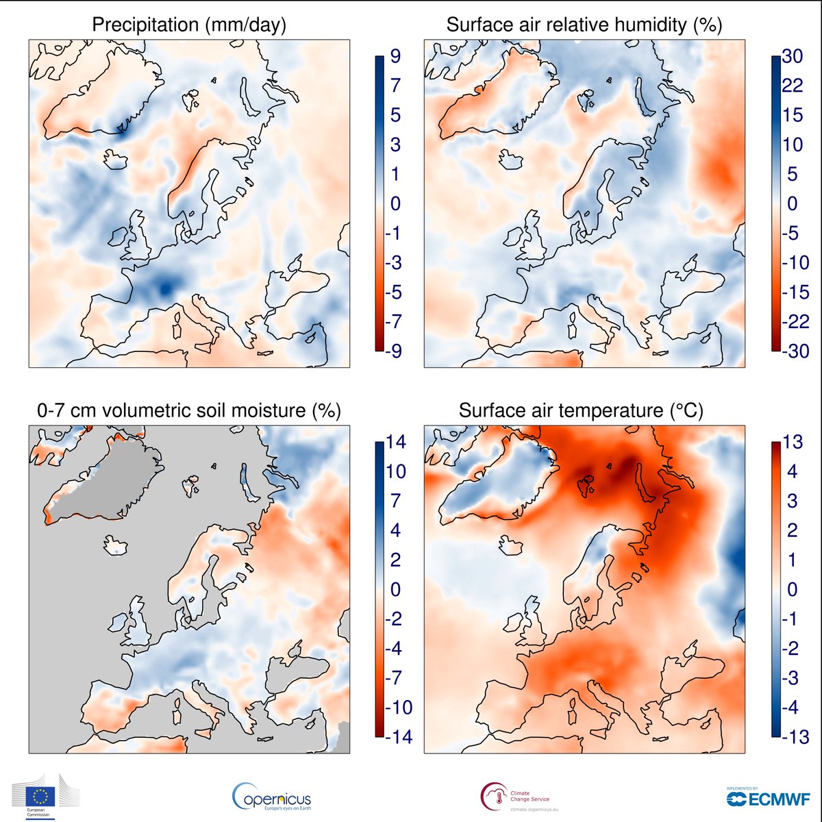 Latest #C3S summary for #precipitation, #RelativeHumidity &amp; #SoilMoisture out! Above-average precip many parts of Europe, Alpine region with large amounts of snowfall, high water levels in many rivers. Very dry E-Australia, wetter than avg W-Australia. ➡️bit.ly/2EfJIMB