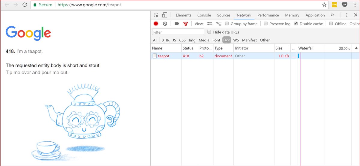 dorinmoise's tweet image. I had no idea about the HTTP 418 code: google.com/teapot
#imateapot