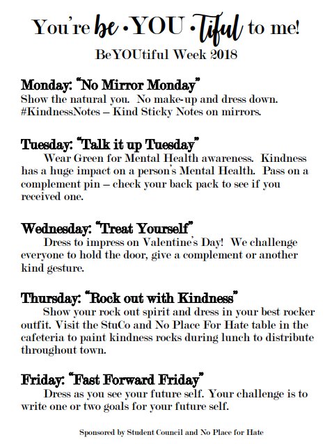 SeguinStuCo's tweet photo. BeYOUtiful Week starts Monday!!! Join StuCo and No Place for Hate in being YOU! #beYOUtifulweek https://t.co/diC0U2MLjo