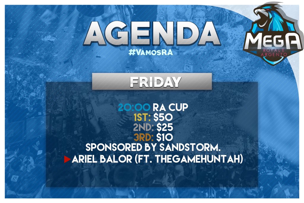 DESPEDIDA &amp; #2AñosRA

Hoy tendremos la RA CUP: un bracket individual con 85💵 en premios entre el equipo y los jugadores que ayer clasificaron en el torneo que creó @santirami99. 

¡Miralo en el canal de <a href="/ArielBalorGamer/">Ariel BayLor</a> junto a <a href="/TheGameHuntah/">TheGameHuntah</a> !

🕙Argentina
GFX: @TatoDesigns1