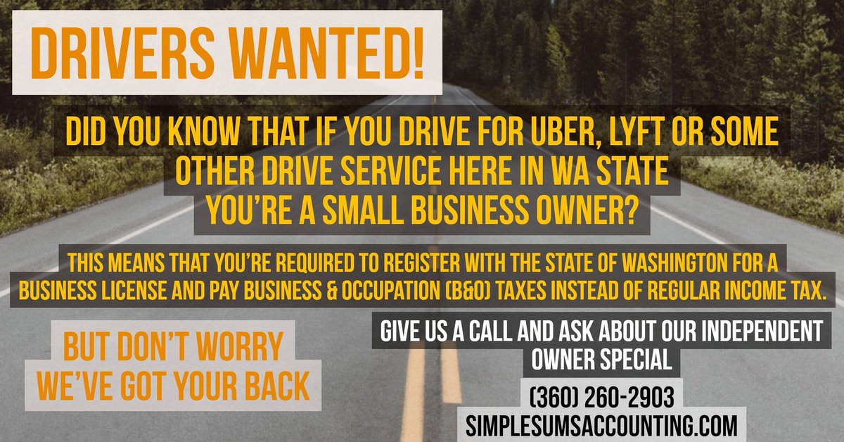 SumsSimple's tweet photo. Did you know that if you drive for @Uber or @lyft or another service in #Washington. You are a #small #business and this impacts your #taxes. Call us to learn about our specials for small businesses. #Vancouver #TaxSeason #money #savemoney #cars https://t.co/GxTdYA9Ll4