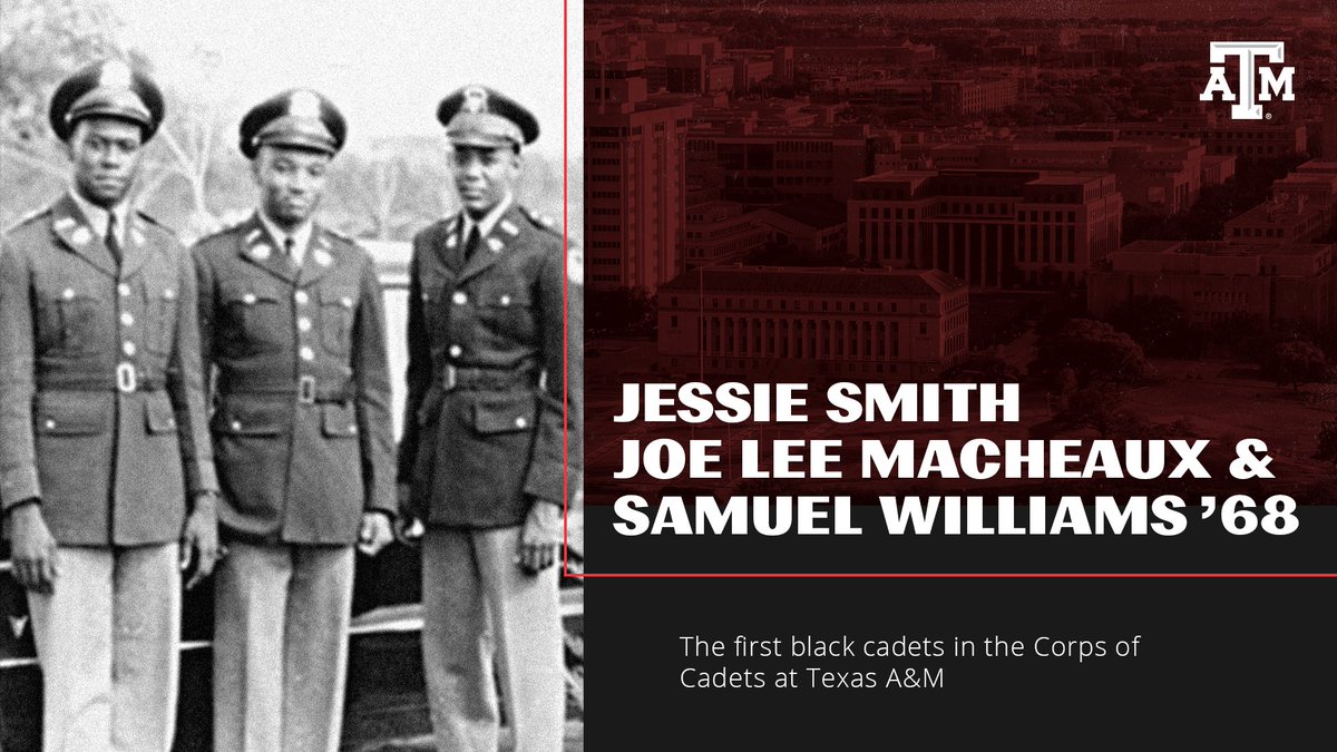 black and white photo of 3 corps members with text: "Jessie Smith, Joe Lee Macheaux, and Samuel Williams - The first black cadets in the Corps of Cadets at Texas A&M."