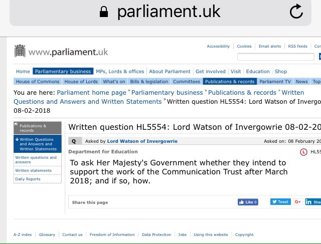 NAPLIC's tweet photo. OK @educationgovuk, 23000 practitioners &amp; families want to know the answer to Lord Watson's question. How are you going to continue valuable #SLCN work if you cut funds to @Comm_nTrust? https://t.co/xRN7Ei6msH