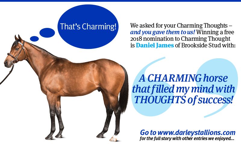 DarleyStallions's tweet photo. Congratulations to Daniel James of Brookside Stud, winner of our #thinkingCharmingThoughts competition! Read more on some of our favourite entries 👉 https://t.co/nRoxj08JOW 🙌🇬🇧 https://t.co/zSztR6G6N8