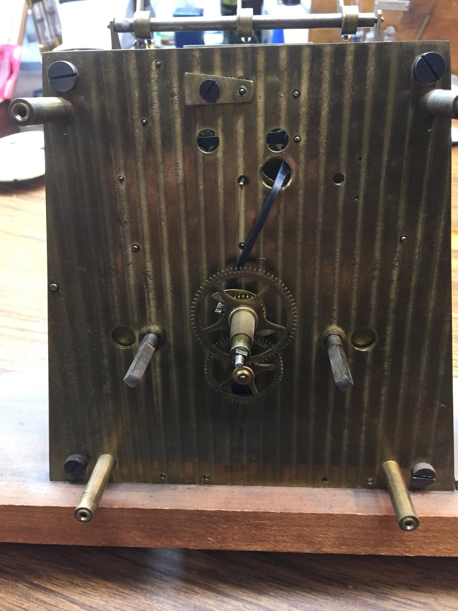 JordanClocks's tweet image. Here is a beauty for you. This a Seth Thomas 8 day weight driven floor clock movement. It has maintaining power and a count wheel strike attached to the first wheel. It strikes the hour and half hour on three tubes. Any info on this would be greatly appreciated. #seththomas