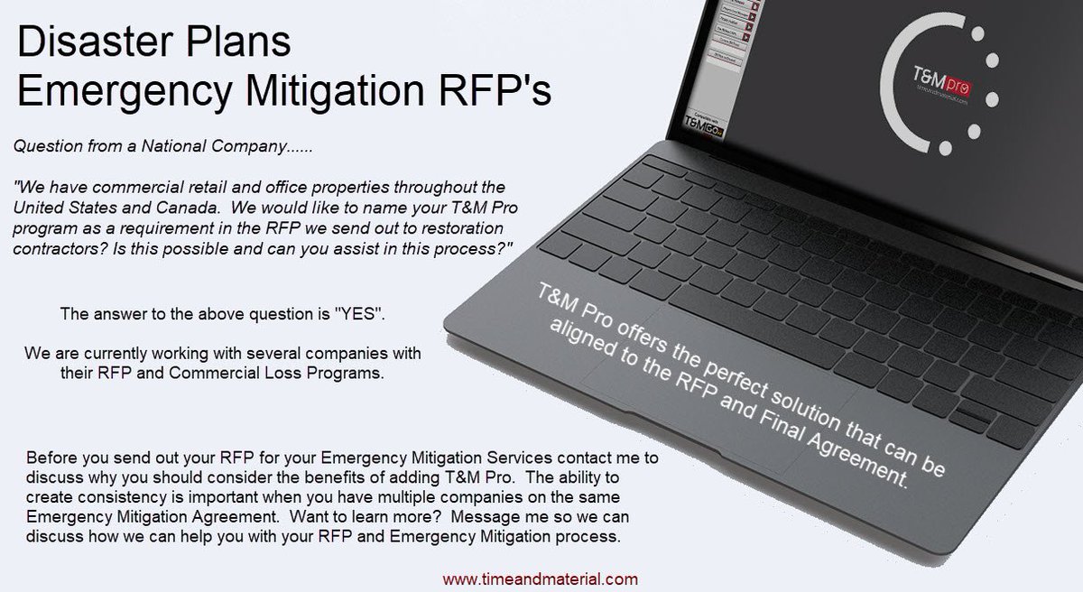 TMPLUSII's tweet image. Disaster Mitigation RFP's are common for National Companies to set up agreements with restoration contractors as part of their Disaster Plan. RFP's are the first step in creating an agreement for  Emergency Mitigation before the loss occurs.  Message me to learn more.