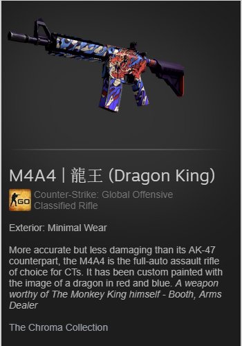 9999999999aggg's tweet photo. M4A4 Dragon King Minimal Wear ($8)

To enter:
-Follow me
-Follow @CSGOMagicSite
-RT/LIKE
-Subscribe
-Keyword
-MUST be in Stream: https://t.co/Rn8JI6VG8J

#csgogiveaways #CSGOgiveaway #giveaway https://t.co/whfmEbofUc