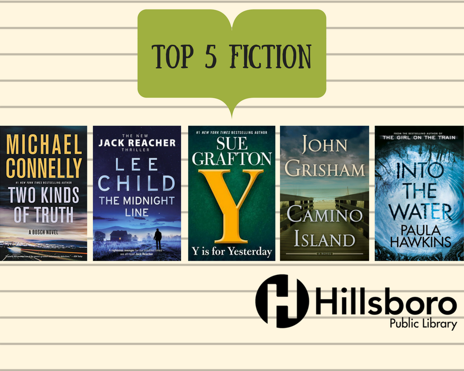 HillsboroLib's tweet photo. Check out the Top 5 Fiction books checked out from Hillsboro Public Library in January. What will Hillsboro read this month? #TwoKindsOfTruth #MidnightLine #YIsForYesterday #CaminoIsland #IntoTheWater https://t.co/ztu6NIrXdY
