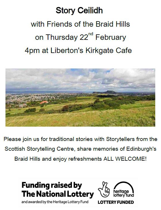 BraidHills's tweet photo. Join us Thurs 22nd Feb 4pm at Liberton's Kirkgate Cafe for traditional stories with Storytellers from the Scottish Storytelling Centre, share memories of Edinburgh's
Braid Hills and enjoy refreshments. ALL WELCOME! https://t.co/m8gikBj6XD