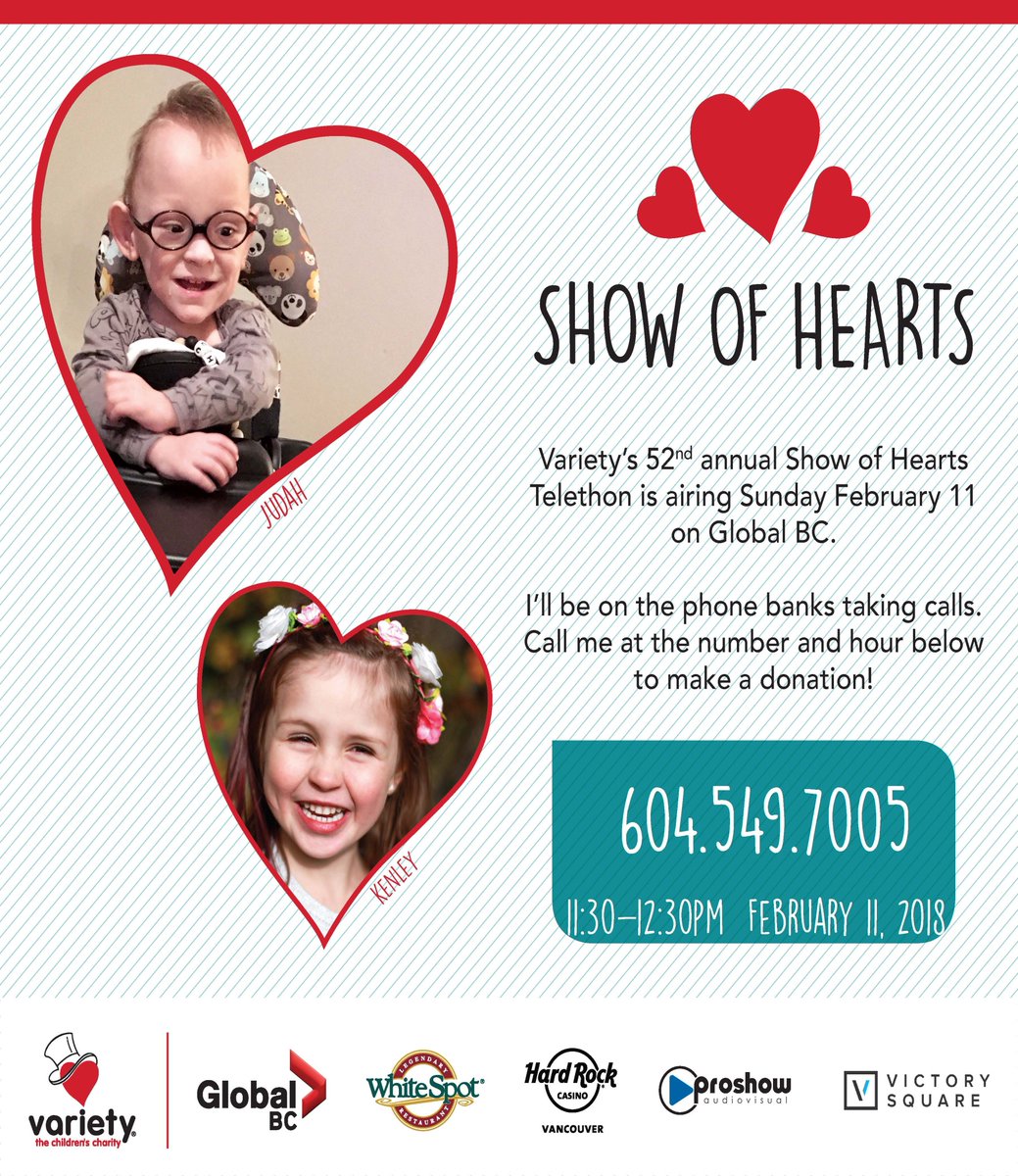 CMWInsurance's tweet image. We'll be taking your donation calls live during the @VarietyBC #ShowofHearts Telethon from 11:30am to 12:30pm on February 11! You can also donate by calling 310-KIDS, texting "KIDS" to 45678 for an automatic $20 donation, or online at variety.bc.ca