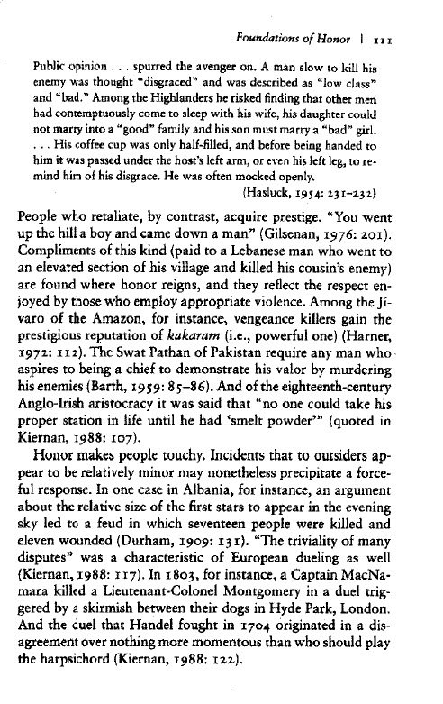 sociologyWV's tweet photo. Decription of honor cultures from Mark Cooney's classic Warriors and Peacemakers: How Third Parties Shape Violence (@MarkCooney1) https://t.co/b4CZD8Bq2w