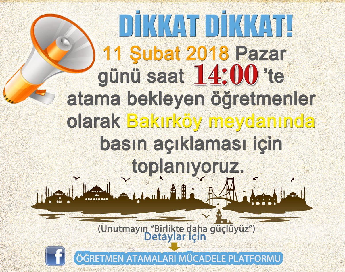 #40BinAtamaiçinistanbula
11 Şubat Pazar günü saat 14:00'te İstanbul Bakırköy Meydanı'nda atama bekleyen öğretmenler adına basın açıklamamız olacaktır.
Sn <a href="/_aliyalcin_/">Ali YALÇIN</a> <a href="/ikoncuk/">İSMAİL KONCUK</a> <a href="/canselguven1/">Cansel Güven</a> @TurkEgitimSen <a href="/EgitimBirSen/">Eğitim-Bir-Sen</a> @AES_GenelMerkez @arzuerdemDB <a href="/MTanal/">Av.Mahmut TANAL</a>