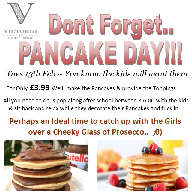 CrescentMargate's tweet photo. Ok Mums and Dads we all know Valentines Day is Important for you Love Birds.. But would the Kids forgive you for forgetting Pancake Day the day before.. #PancakeDay #DontforgettheKids #CrescentVictoria 😁👨‍👩‍👧‍👦🍴😂🥂 https://t.co/MY5zwUP0ag