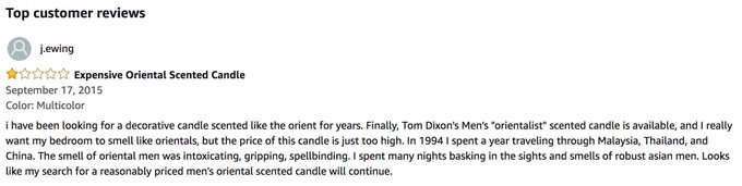 While shopping for candles on Amazon.... wtf is this review?? https://t.co/IqNnXgEmJn