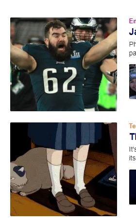 I had to Lolz at the way these 2 images were arranged on <a href="/Yahoo/">Yahoo</a> page for me the 1st is an article about <a href="/JasonKelce/">Jason Kelce</a> at the parade &amp; the 2nd is a <a href="/YahooTech/">o</a> article about buying cameras I left small snip of the text to show I didn't arrange them #heworeitbetter #whoisthedesigner